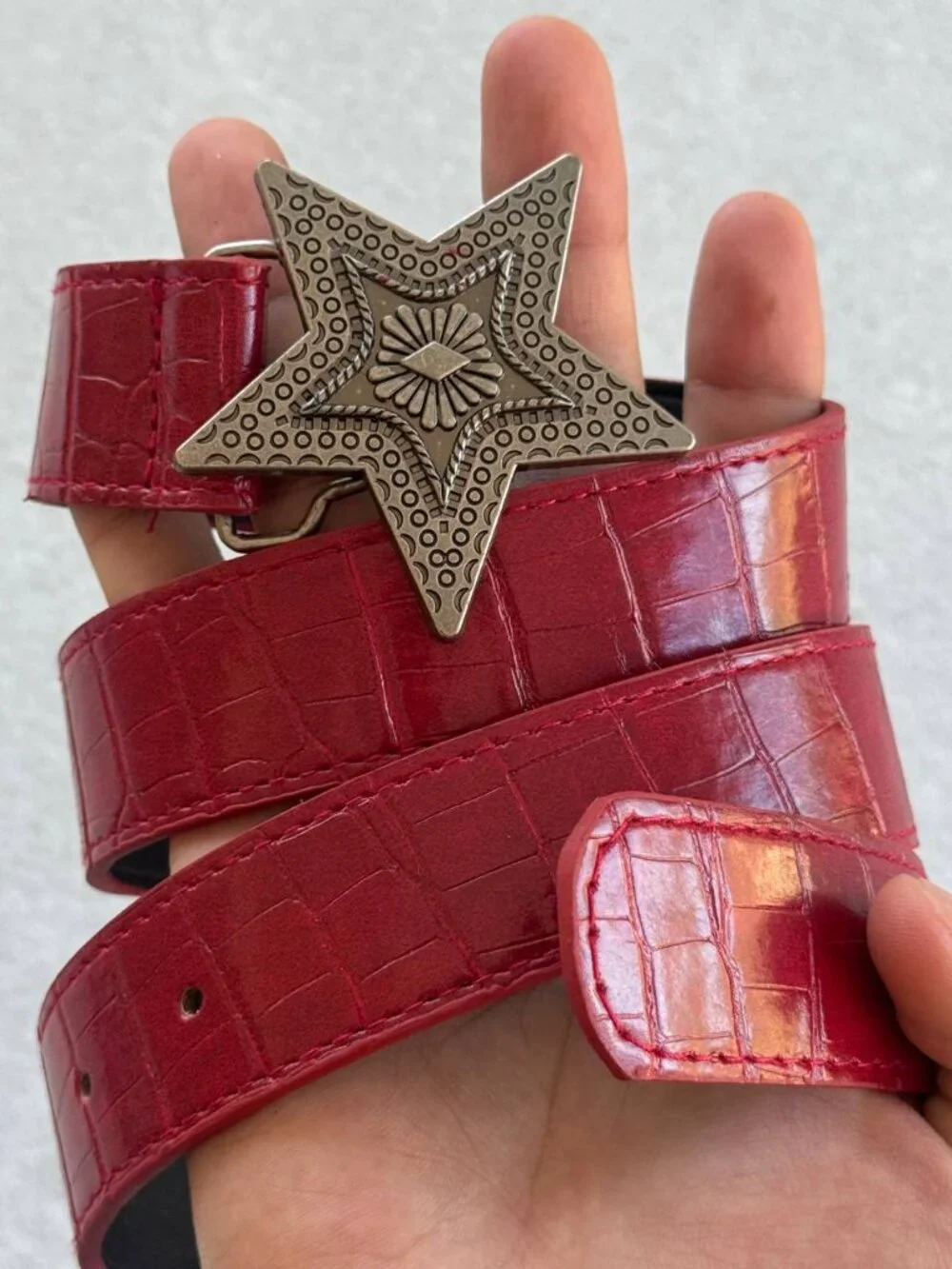 Red Faux Croc Western Star Buckle Belt